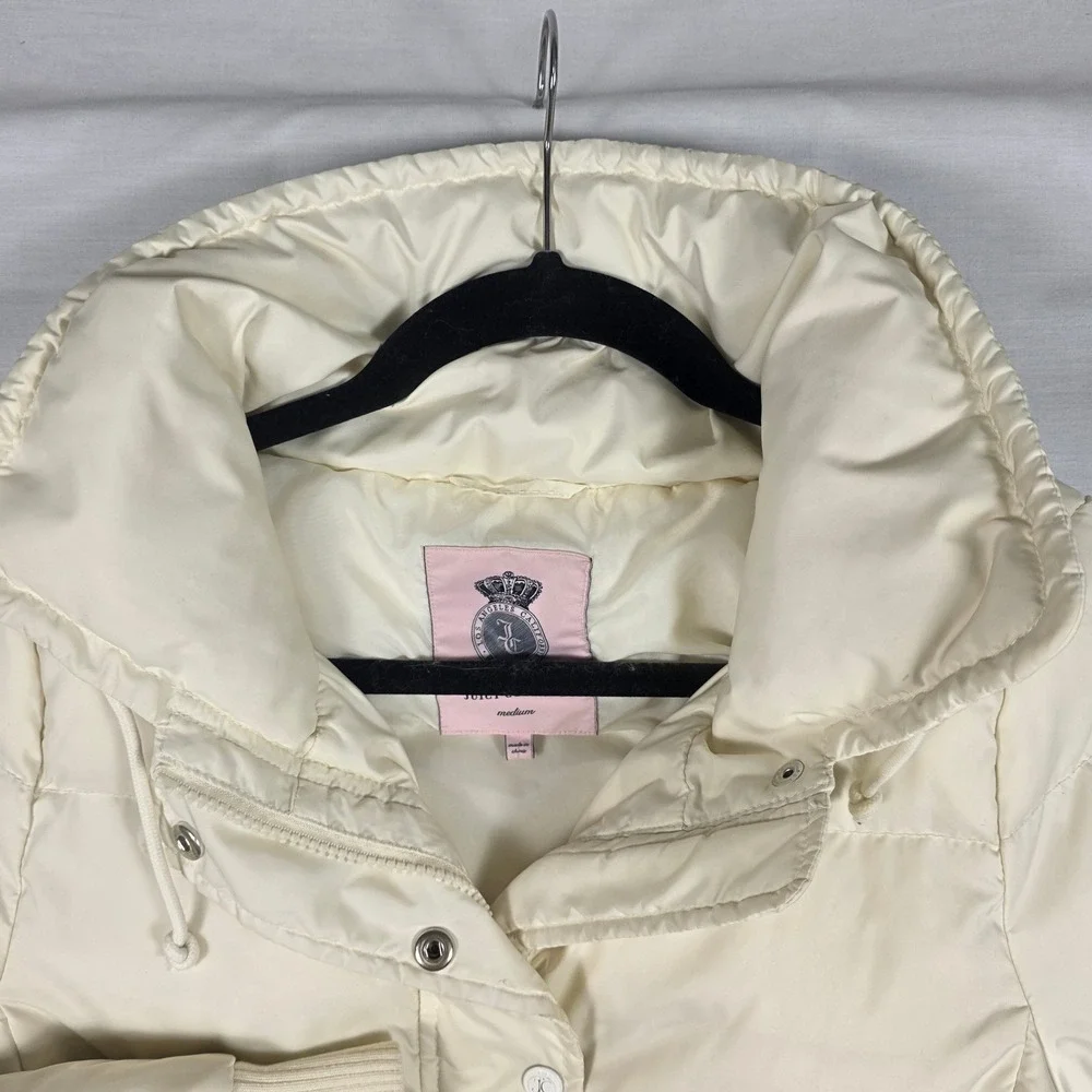 Juicy Couture Puffer Jacket Womens Medium Down Fill Cream Y2K Winter Coat‎ 2000s